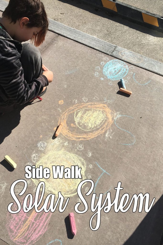 Using colourful chalk to make a model of our solar system on the sidewalk. All the planets (Mercury, Venus, Earth, Mars, Jupiter, Saturn, Uranus, Neptune), their moons and the sun are included.