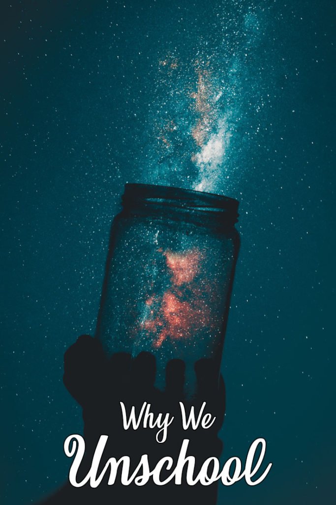 Why We Unschool, A hand in silhouette holds a jar up to the sky and is capturing a galaxy of stars within the jar.