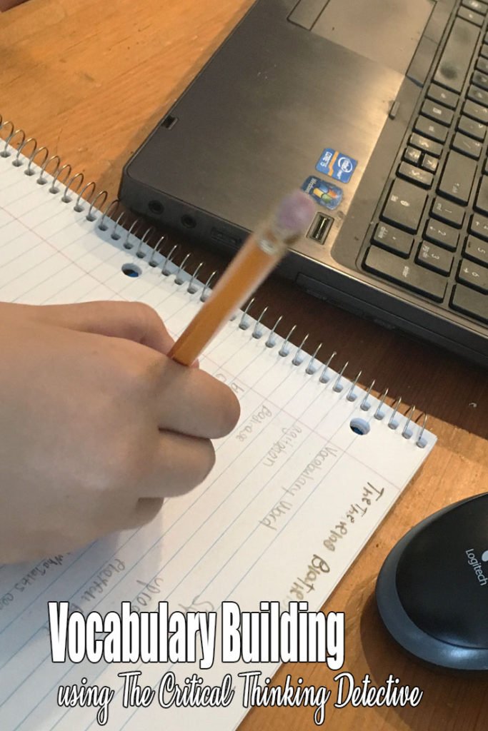 The Critical Thinking Co. has created a learning resource for aspiring detectives in your family. This review is for the Critical Thinking Detective - Vocabulary Book 2; an engaging way to introduce new vocabulary words and critical thinking.  In this picture, a child uses a pencil to write out vocabulary words in a spiral bound notebook.