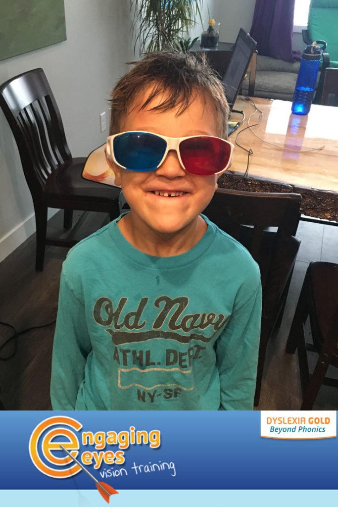 child wearing 3D glasses which are used as apart of the Dyslexia Gold Engaging Eyes program.  Is your child struggling to learn to read? Dyslexia Gold is a program designed to help them improve their reading and spelling skills.