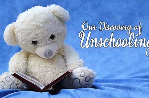 white teddy bear reading a book on a blue background. how we discovered unschooling.