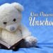 white teddy bear reading a book on a blue background. how we discovered unschooling.